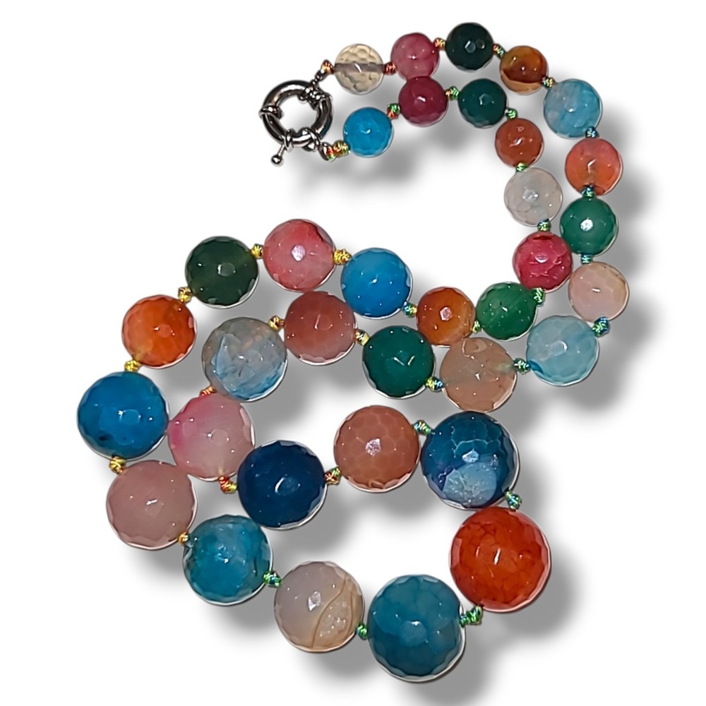 Multicolor Agate Bead Necklace Faceted Graduated Candy Stone 22in Knotted